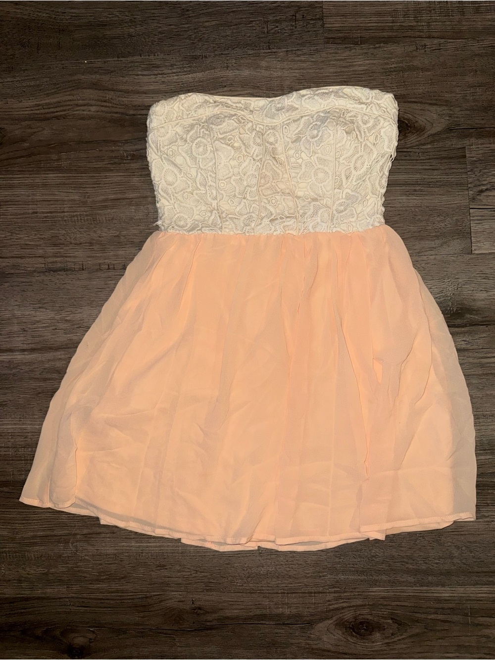 Strapless Lace Bodice Peach Chiffon Dress